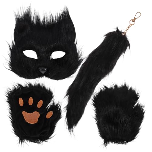 MERRYHAPY 1 Satz Fuchs-Masken-Set Tiermasken-Set Masken- und Handschuhset Tiermasken für Karneval Schwarze Fuchs Maske aus Kunstpelz flauschiger Fuchsschwanz Wolf Kostüm Stoff Black von MERRYHAPY