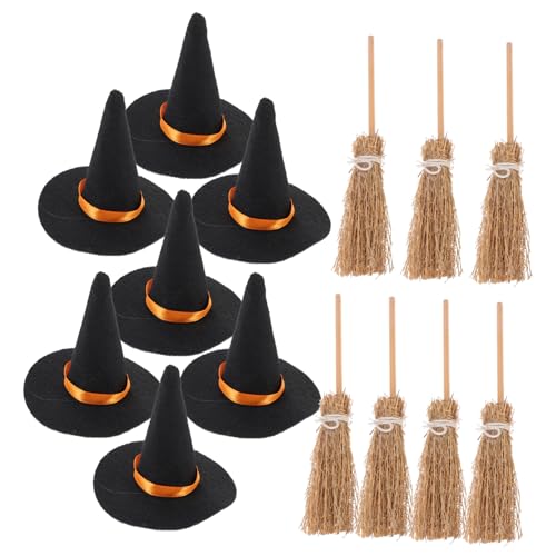 MERRYHAPY 7 Satz Halloween Filz Hexenhut Set Dekor Halloween-Mini-Hexenhüte Miniatur-Hexenhutbesen Miniaturpinsel puppenkleidung Hexenbesen Halloweenkostüm Mini-Hut Mini-Puppen-Hut hölzern von MERRYHAPY