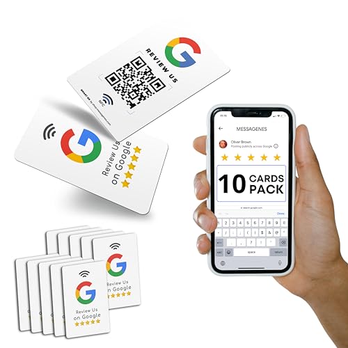 Wiederverwendbare Rezensionskarte für Google-Bewertungen – 10 Karten Pack – QR & Tap NFC Review Card – Review Us on Google Tap Card – iPhone & Android – Boost my Reviews Card – Einrichtung at Home | von MESSAGENES