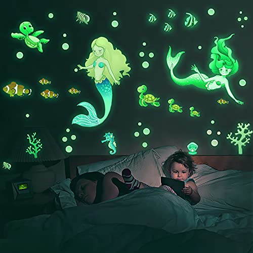 MESU Glow in The Dark Meerjungfrau Wandaufkleber Meeresschildkröte leuchtender Aufkleber Seepferdchen Deckendekoration für Mädchenzimmer Kinderzimmer Mermaid von MESU