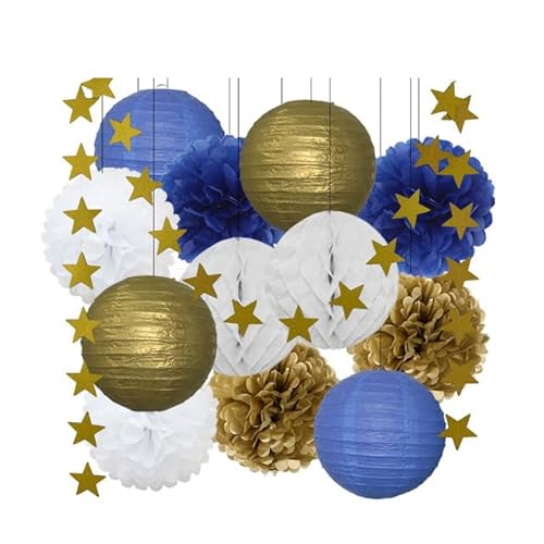 China Festival Dekorative Laterne 13. Geburtstag Bar Mitzvah Party zugunsten Dekor Gold Marine blau Runde Papier Laterne weiß Waben Taufe DIY Glitter Stern(Gold Dark Blue) von MEYINGOU