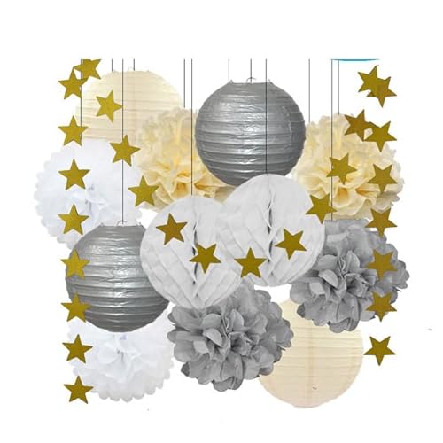 China Festival Dekorative Laterne 13. Geburtstag Bar Mitzvah Party zugunsten Dekor Gold Marine blau Runde Papier Laterne weiß Waben Taufe DIY Glitter Stern(Silver Beige Set) von MEYINGOU