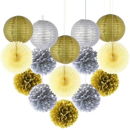 China Festival Dekorative Laterne 15 stücke Gemischte Farbe Dekorative Papier Pompons Blume Hängen Papier Laterne Waben Bälle Hochzeit Geburtstag Dusche Party Dekoration(Gold Silver,6inch(15cm)) von MEYINGOU