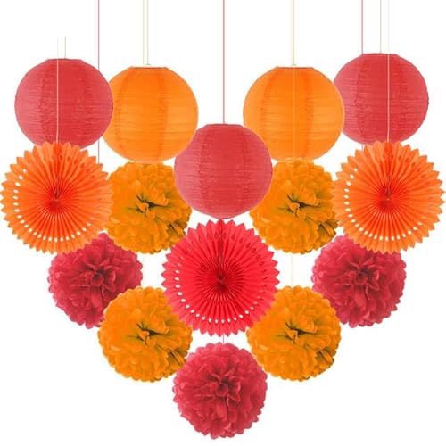 China Festival Dekorative Laterne 15 stücke Gemischte Farbe Dekorative Papier Pompons Blume Hängen Papier Laterne Waben Bälle Hochzeit Geburtstag Dusche Party Dekoration(Orange Red,6inch(15cm)) von MEYINGOU