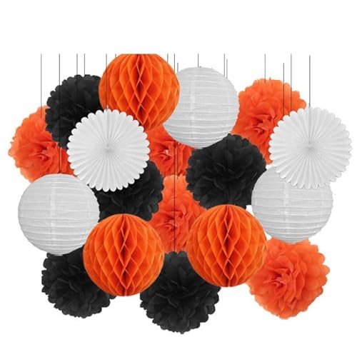 China Festival Dekorative Laterne 18. Geburtstag Party Favor Lila Weiß Set Runde Papier Laterne Baby Taufe DIY Tissue Fan Hochzeit Decor Pompom(Black Orange Set,10inch) von MEYINGOU