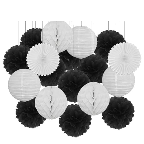 China Festival Dekorative Laterne 18. Geburtstag Party Favor Lila Weiß Set Runde Papier Laterne Baby Taufe DIY Tissue Fan Hochzeit Decor Pompom(Black Set,12inch) von MEYINGOU