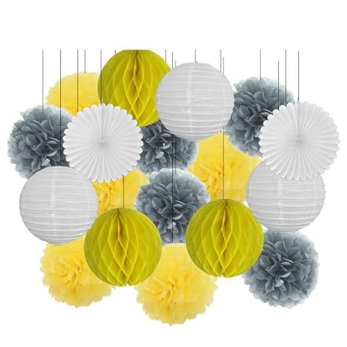 China Festival Dekorative Laterne 18. Geburtstag Party Favor Lila Weiß Set Runde Papier Laterne Baby Taufe DIY Tissue Fan Hochzeit Decor Pompom(Gray Yellow Set,8inch) von MEYINGOU