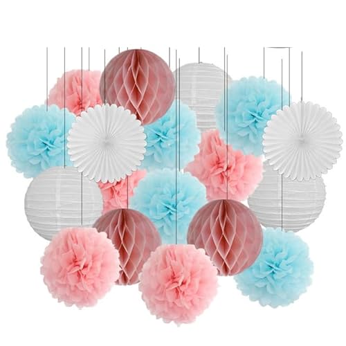 China Festival Dekorative Laterne 18. Geburtstag Party Favor Lila Weiß Set Runde Papier Laterne Baby Taufe DIY Tissue Fan Hochzeit Decor Pompom(Pink Blue Set,10inch) von MEYINGOU