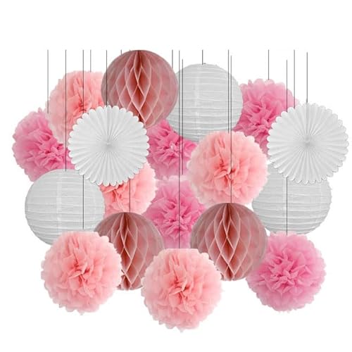 China Festival Dekorative Laterne 18. Geburtstag Party Favor Lila Weiß Set Runde Papier Laterne Baby Taufe DIY Tissue Fan Hochzeit Decor Pompom(Pink Set,10inch) von MEYINGOU