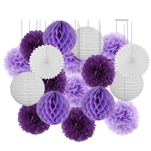 China Festival Dekorative Laterne 18. Geburtstag Party Favor Lila Weiß Set Runde Papier Laterne Baby Taufe DIY Tissue Fan Hochzeit Decor Pompom(Purple Set,10inch) von MEYINGOU