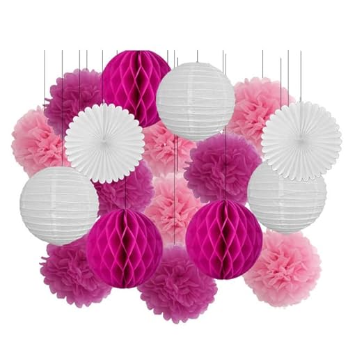 China Festival Dekorative Laterne 18. Geburtstag Party Favor Lila Weiß Set Runde Papier Laterne Baby Taufe DIY Tissue Fan Hochzeit Decor Pompom(Rose Red Set,8inch) von MEYINGOU