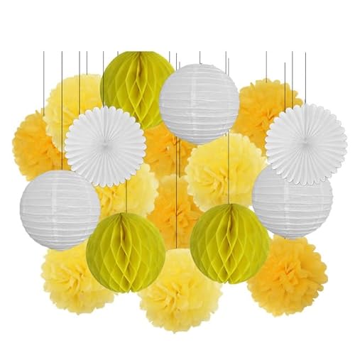 China Festival Dekorative Laterne 18. Geburtstag Party Favor Lila Weiß Set Runde Papier Laterne Baby Taufe DIY Tissue Fan Hochzeit Decor Pompom(Yellow Set,8inch) von MEYINGOU