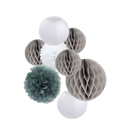 China Festival Dekorative Laterne 8 teile/satz Grün Set 8 "Weiß Runde Hängen Papier Ball Laternen 15cm Waben(Grey set) von MEYINGOU