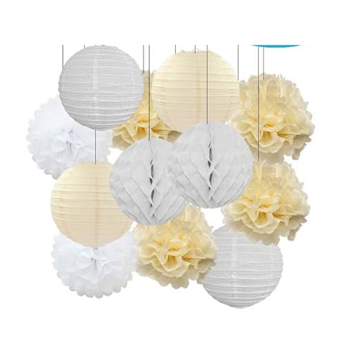 China Festival Dekorative Laterne Geburtstagsparty-Bevorzugung Rosa Beige Weiß Set Runde Laterne DIY Papier Pompom for Hochzeit Taufe Geschlecht Real Decor(Beige Set,6inch) von MEYINGOU