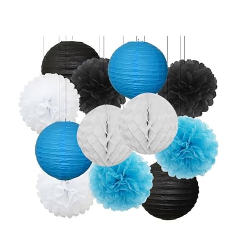 China Festival Dekorative Laterne Geburtstagsparty-Bevorzugung Rosa Beige Weiß Set Runde Laterne DIY Papier Pompom for Hochzeit Taufe Geschlecht Real Decor(Black Blue Set,6inch) von MEYINGOU