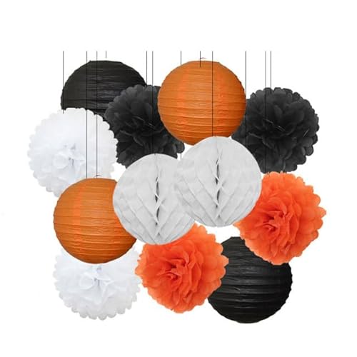 China Festival Dekorative Laterne Geburtstagsparty-Bevorzugung Rosa Beige Weiß Set Runde Laterne DIY Papier Pompom for Hochzeit Taufe Geschlecht Real Decor(Black Orange Set,6inch) von MEYINGOU