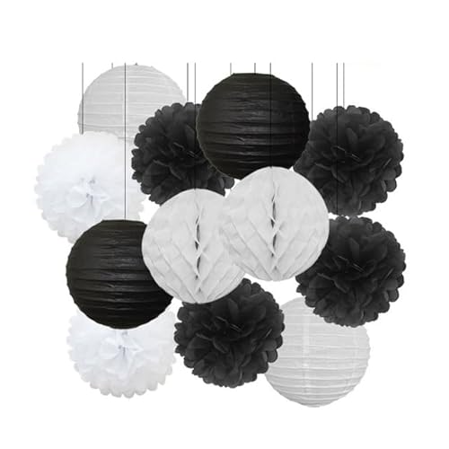 China Festival Dekorative Laterne Geburtstagsparty-Bevorzugung Rosa Beige Weiß Set Runde Laterne DIY Papier Pompom for Hochzeit Taufe Geschlecht Real Decor(Black Set,8inch) von MEYINGOU