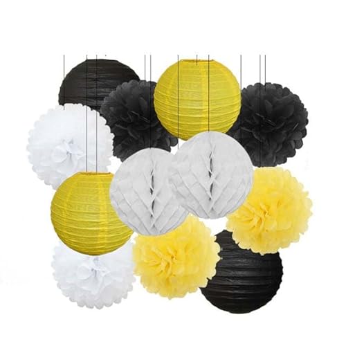 China Festival Dekorative Laterne Geburtstagsparty-Bevorzugung Rosa Beige Weiß Set Runde Laterne DIY Papier Pompom for Hochzeit Taufe Geschlecht Real Decor(Black Yellow Set,8inch) von MEYINGOU