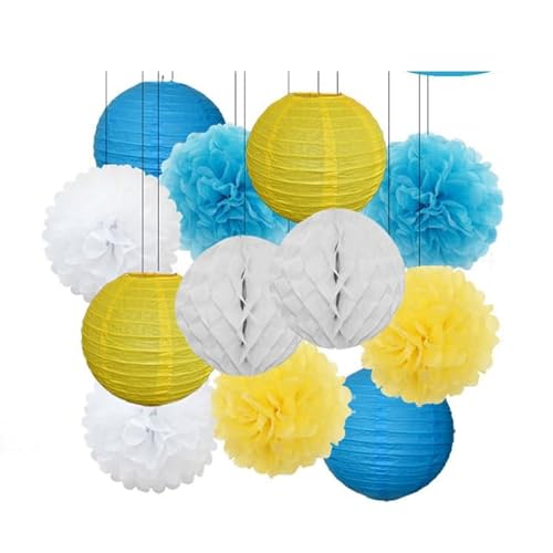 China Festival Dekorative Laterne Geburtstagsparty-Bevorzugung Rosa Beige Weiß Set Runde Laterne DIY Papier Pompom for Hochzeit Taufe Geschlecht Real Decor(Blue Yellow Set,6inch) von MEYINGOU