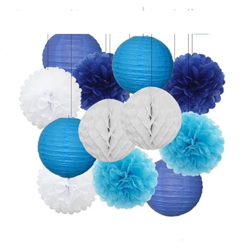 China Festival Dekorative Laterne Geburtstagsparty-Bevorzugung Rosa Beige Weiß Set Runde Laterne DIY Papier Pompom for Hochzeit Taufe Geschlecht Real Decor(Dark Blue Set,12inch) von MEYINGOU