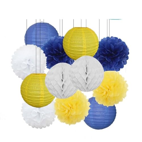 China Festival Dekorative Laterne Geburtstagsparty-Bevorzugung Rosa Beige Weiß Set Runde Laterne DIY Papier Pompom for Hochzeit Taufe Geschlecht Real Decor(Dark Blue Yellow,8inch) von MEYINGOU