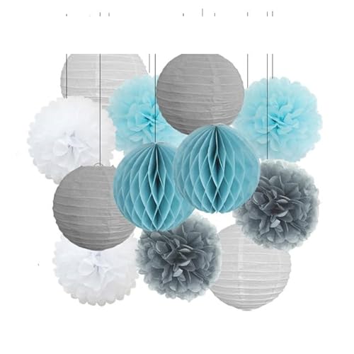 China Festival Dekorative Laterne Geburtstagsparty-Bevorzugung Rosa Beige Weiß Set Runde Laterne DIY Papier Pompom for Hochzeit Taufe Geschlecht Real Decor(Gray Blue,10inch) von MEYINGOU