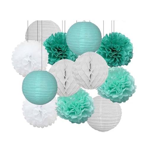 China Festival Dekorative Laterne Geburtstagsparty-Bevorzugung Rosa Beige Weiß Set Runde Laterne DIY Papier Pompom for Hochzeit Taufe Geschlecht Real Decor(Mint Set,10inch) von MEYINGOU