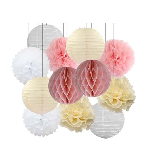 China Festival Dekorative Laterne Geburtstagsparty-Bevorzugung Rosa Beige Weiß Set Runde Laterne DIY Papier Pompom for Hochzeit Taufe Geschlecht Real Decor(Pink Beige Set,8inch) von MEYINGOU