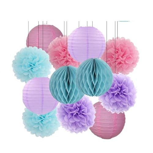 China Festival Dekorative Laterne Geburtstagsparty-Bevorzugung Rosa Beige Weiß Set Runde Laterne DIY Papier Pompom for Hochzeit Taufe Geschlecht Real Decor(Pink Blue Purple,12inch) von MEYINGOU