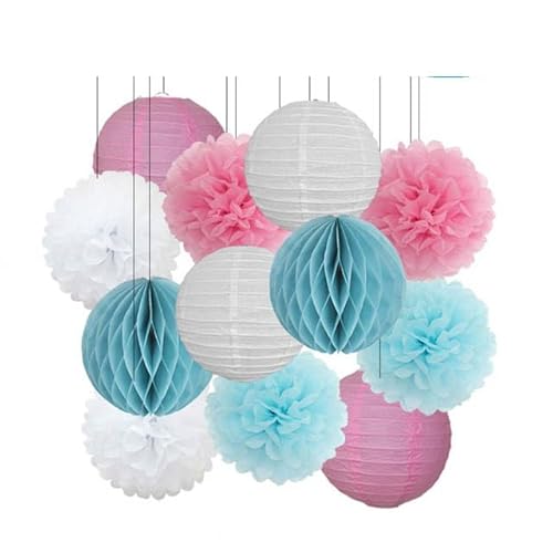 China Festival Dekorative Laterne Geburtstagsparty-Bevorzugung Rosa Beige Weiß Set Runde Laterne DIY Papier Pompom for Hochzeit Taufe Geschlecht Real Decor(Pink Blue Set,8inch) von MEYINGOU