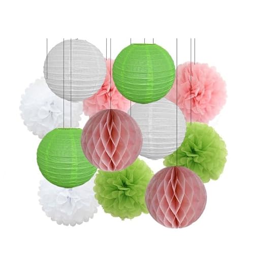 China Festival Dekorative Laterne Geburtstagsparty-Bevorzugung Rosa Beige Weiß Set Runde Laterne DIY Papier Pompom for Hochzeit Taufe Geschlecht Real Decor(Pink Green Set,10inch) von MEYINGOU