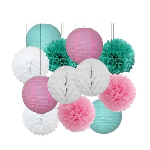 China Festival Dekorative Laterne Geburtstagsparty-Bevorzugung Rosa Beige Weiß Set Runde Laterne DIY Papier Pompom for Hochzeit Taufe Geschlecht Real Decor(Pink Mint Set,12inch) von MEYINGOU