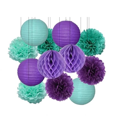 China Festival Dekorative Laterne Geburtstagsparty-Bevorzugung Rosa Beige Weiß Set Runde Laterne DIY Papier Pompom for Hochzeit Taufe Geschlecht Real Decor(Purple Mint Set,8inch) von MEYINGOU