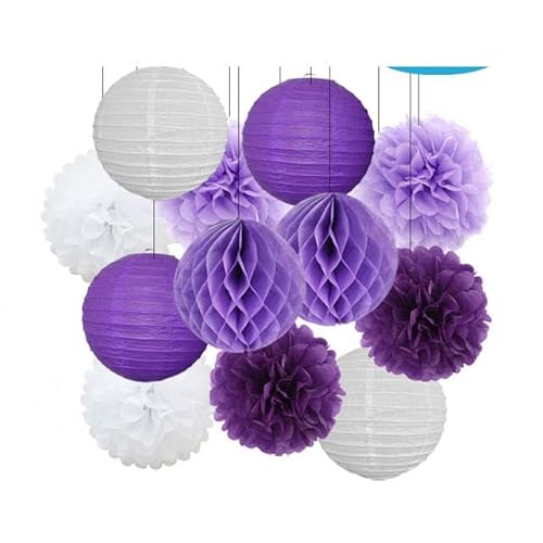 China Festival Dekorative Laterne Geburtstagsparty-Bevorzugung Rosa Beige Weiß Set Runde Laterne DIY Papier Pompom for Hochzeit Taufe Geschlecht Real Decor(Purple Set,8inch) von MEYINGOU