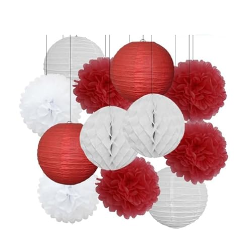 China Festival Dekorative Laterne Geburtstagsparty-Bevorzugung Rosa Beige Weiß Set Runde Laterne DIY Papier Pompom for Hochzeit Taufe Geschlecht Real Decor(Red Set,8inch) von MEYINGOU