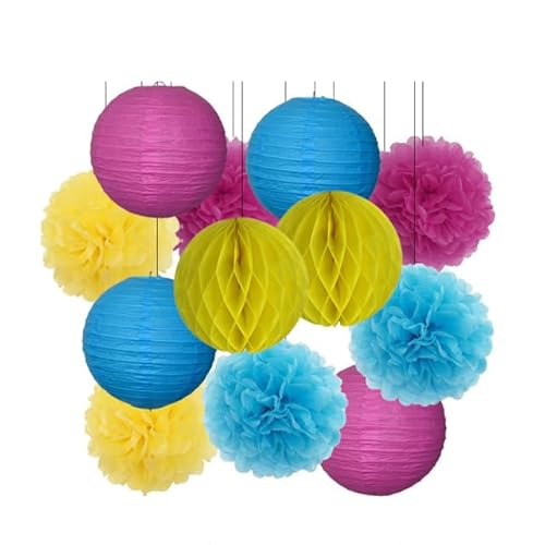 China Festival Dekorative Laterne Geburtstagsparty-Bevorzugung Rosa Beige Weiß Set Runde Laterne DIY Papier Pompom for Hochzeit Taufe Geschlecht Real Decor(Rose Blue Yellow,8inch) von MEYINGOU