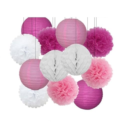 China Festival Dekorative Laterne Geburtstagsparty-Bevorzugung Rosa Beige Weiß Set Runde Laterne DIY Papier Pompom for Hochzeit Taufe Geschlecht Real Decor(Rose Red Set,6inch) von MEYINGOU