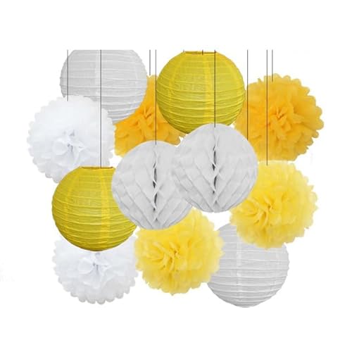 China Festival Dekorative Laterne Geburtstagsparty-Bevorzugung Rosa Beige Weiß Set Runde Laterne DIY Papier Pompom for Hochzeit Taufe Geschlecht Real Decor(Yellow Set,6inch) von MEYINGOU