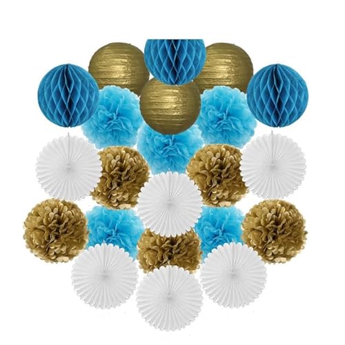 China Festival Dekorative Laterne Gold Schwarz Weiß Set Runde Papier Ball Laterne Tissue Fans 8 "10" 12 "Für Weihnachten Hochzeit Taufe Geburtstag Urlaub Party Decor(Gold Blue Set,10inch) von MEYINGOU