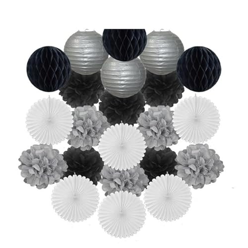 China Festival Dekorative Laterne Gold Schwarz Weiß Set Runde Papier Ball Laterne Tissue Fans 8 "10" 12 "Für Weihnachten Hochzeit Taufe Geburtstag Urlaub Party Decor(Silver Black Set,10inch) von MEYINGOU