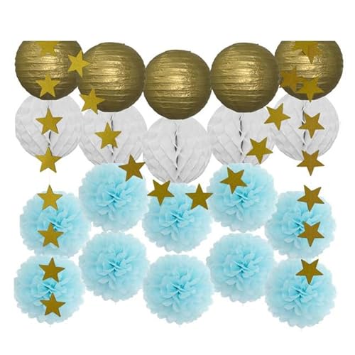 China Festival Dekorative Laterne Party Favor Gold Rosa Set Runde Papier Laterne Weiß Ball Waben Tissue Pompom Hochzeit Urlaub Dekor(Gold Blue) von MEYINGOU