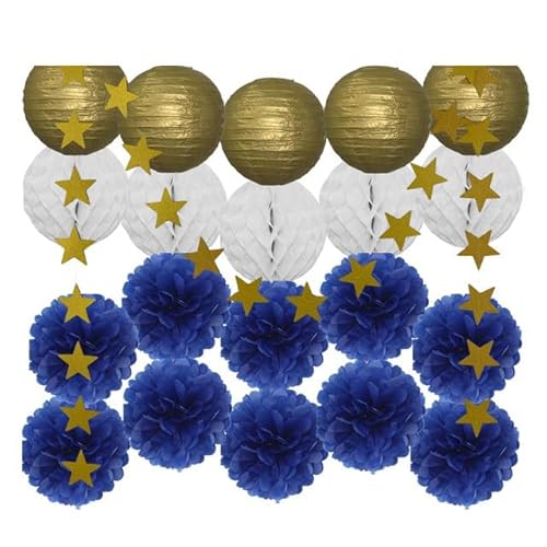 China Festival Dekorative Laterne Party Favor Gold Rosa Set Runde Papier Laterne Weiß Ball Waben Tissue Pompom Hochzeit Urlaub Dekor(Gold Dark Blue) von MEYINGOU