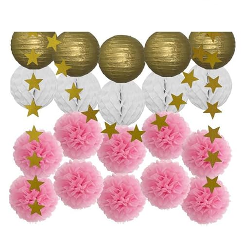 China Festival Dekorative Laterne Party Favor Gold Rosa Set Runde Papier Laterne Weiß Ball Waben Tissue Pompom Hochzeit Urlaub Dekor(Gold Dark Pink) von MEYINGOU