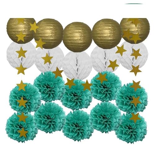 China Festival Dekorative Laterne Party Favor Gold Rosa Set Runde Papier Laterne Weiß Ball Waben Tissue Pompom Hochzeit Urlaub Dekor(Gold Mint Set) von MEYINGOU