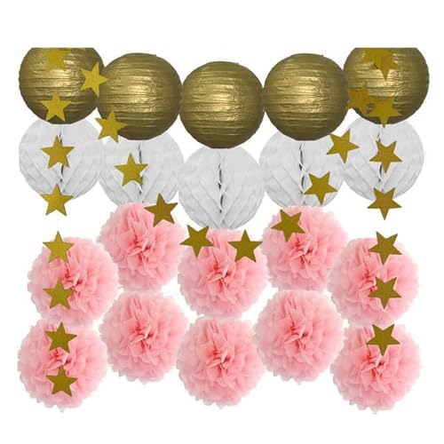 China Festival Dekorative Laterne Party Favor Gold Rosa Set Runde Papier Laterne Weiß Ball Waben Tissue Pompom Hochzeit Urlaub Dekor(Gold Pink Set) von MEYINGOU