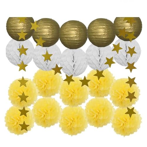 China Festival Dekorative Laterne Party Favor Gold Rosa Set Runde Papier Laterne Weiß Ball Waben Tissue Pompom Hochzeit Urlaub Dekor(Gold Yellow Set) von MEYINGOU