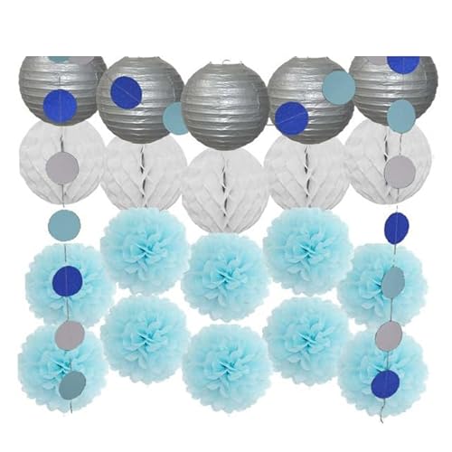 China Festival Dekorative Laterne Party Favor Gold Rosa Set Runde Papier Laterne Weiß Ball Waben Tissue Pompom Hochzeit Urlaub Dekor(Silver Blue) von MEYINGOU