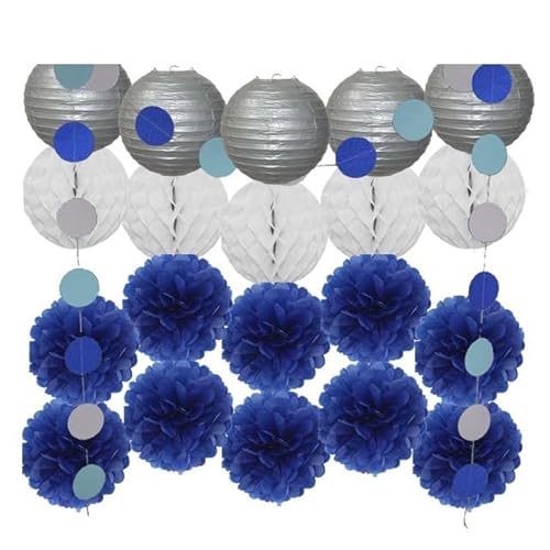 China Festival Dekorative Laterne Party Favor Gold Rosa Set Runde Papier Laterne Weiß Ball Waben Tissue Pompom Hochzeit Urlaub Dekor(Silver Dark Blue Set) von MEYINGOU