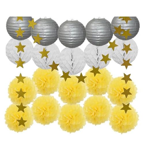 China Festival Dekorative Laterne Party Favor Gold Rosa Set Runde Papier Laterne Weiß Ball Waben Tissue Pompom Hochzeit Urlaub Dekor(Silver Yellow Set) von MEYINGOU