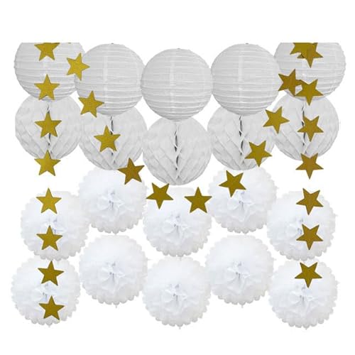 China Festival Dekorative Laterne Party Favor Gold Rosa Set Runde Papier Laterne Weiß Ball Waben Tissue Pompom Hochzeit Urlaub Dekor(White Set) von MEYINGOU